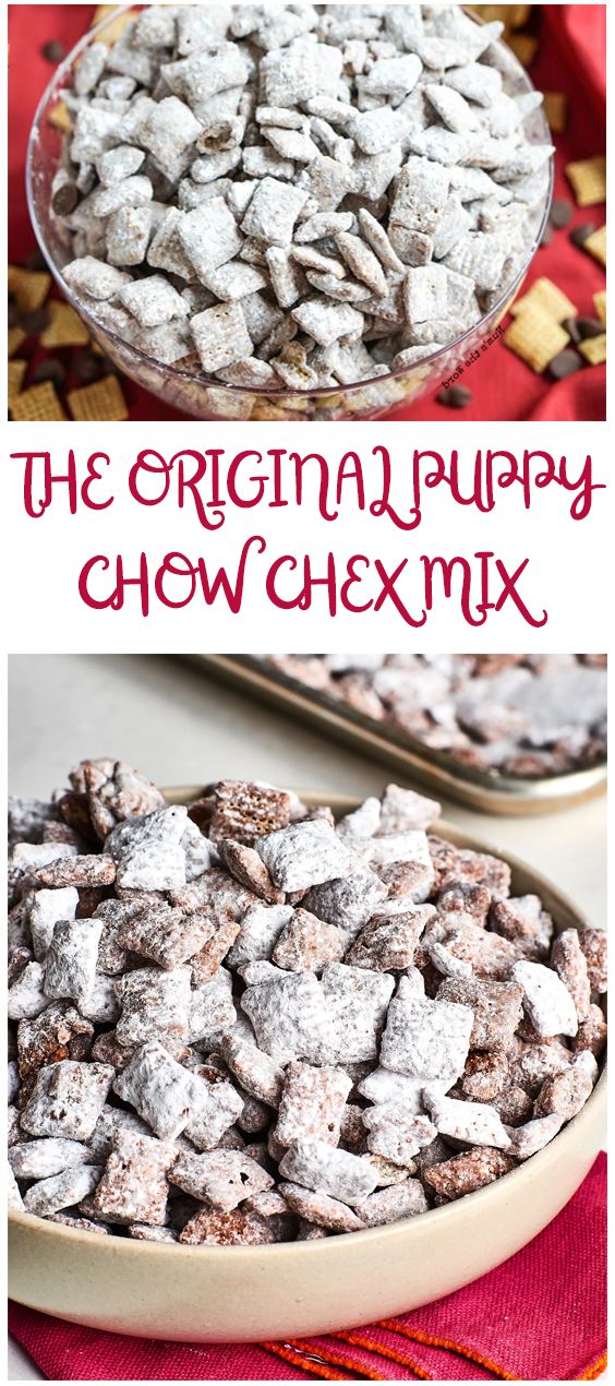 Puppy Chow Recipe Chex : Holiday Puppy Chow (Large Batch Christmas Puppy Chow Recipe) : Add butter, chocolate chips, and peanut butter together in a microwave safe bowl and melt in the microwave and stir all ingredients together until smooth.